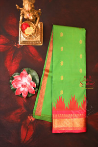 green-colour-body-with-golden-zari-buttas-single-side-border-with-gopuram-thread-butta-and-contrast-pallu-without-blouse