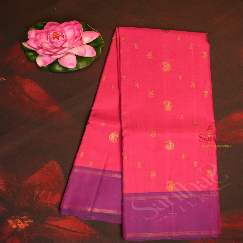 BARBIE PINK COLOUR BODY WITH GOLDEN ZARI SMALL MOTIFS & BUTTAS AND CONTRAST BLOUSE & PALLU