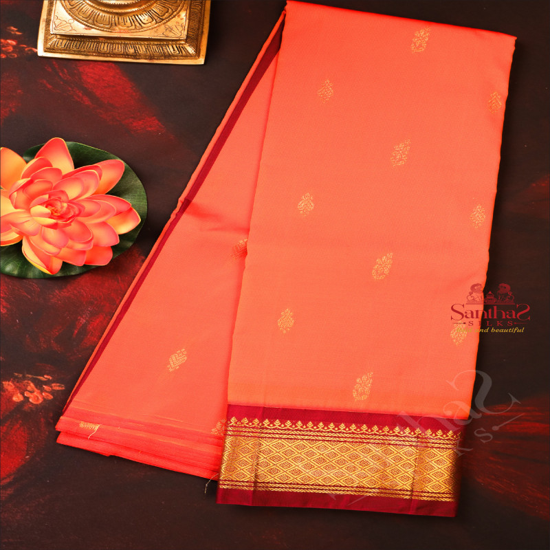 ORANGISH RED COLOUR BODY WITH GOLDEN ZARI BUTTAS & SINGLE SIDE BORDER AND CONTRAST PALLU WITHOUT BLOUSE