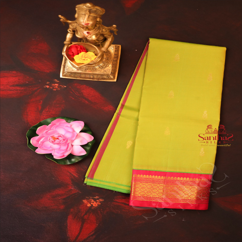 PARROT GREEN COLOUR BODY WITH GOLDEN ZARI BUTTAS & SINGLE SIDE BORDER AND CONTRAST PALLU WITHOUT BLOUSE