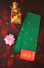 DARK GREEN COLOUR BODY WITH GOLDEN ZARI BUTTAS & SINGLE SIDE BORDER AND CONTRAST PALLU WITHOUT BLOUSE