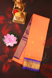 bright-orange-colour-body-with-golden-zari-buttas-single-side-border-and-contrast-pallu-without-blouse