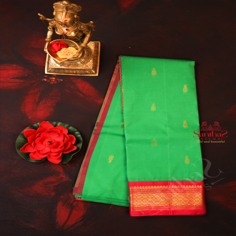 ONESIDE BORDER MEENAKSHI GREEN COLOUR BODY WITH GOLDEN ZARI BORDER & WITHOUT BLOUSE
