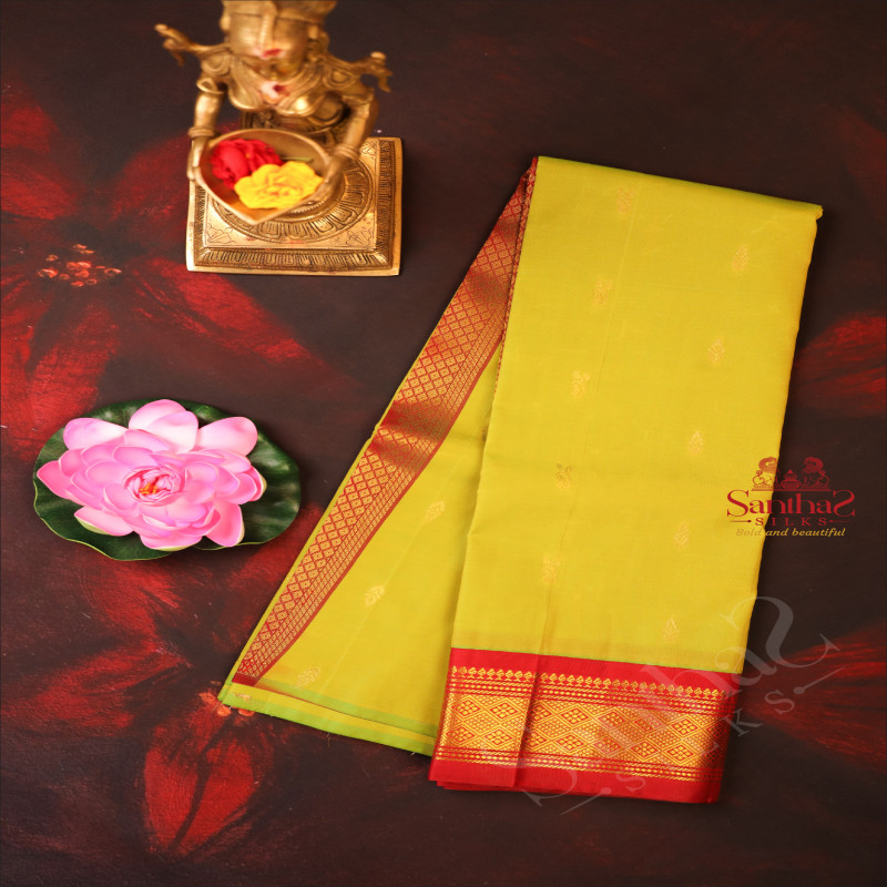 SHEEN GREEN COLOUR BODY WITH GOLDEN ZARI BUTTAS & SINGLE SIDE BORDER AND CONTRAST PALLU WITHOUT BLOUSE