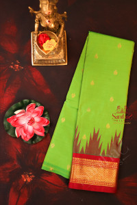 lime-green-colour-body-with-golden-zari-buttas-single-side-border-with-gopuram-thread-butta-and-contrast-pallu-without-blouse