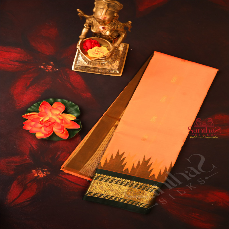 MANGO YELLOW COLOUR BODY WITH GOLDEN ZARI BUTTAS & SINGLE SIDE BORDER WITH GOPURAM THREAD BUTTA AND CONTRAST PALLU WITHOUT BLOUSE