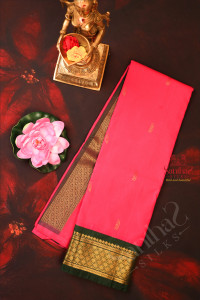 bright-pink-colour-body-with-golden-zari-buttas-single-side-border-and-contrast-pallu-without-blouse