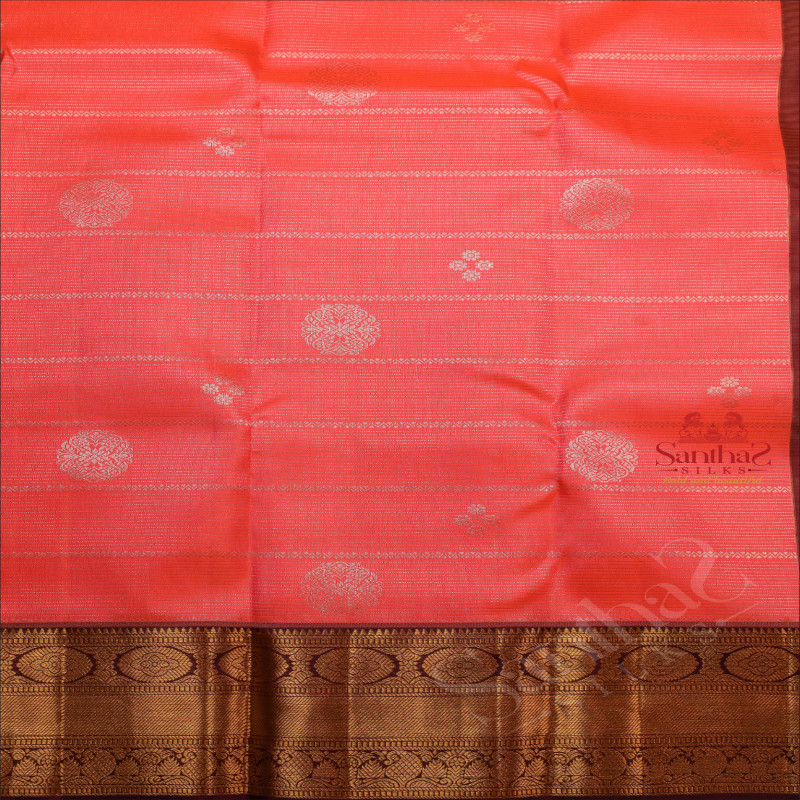 PEACH COLOUR BODY WITH SILVER ZARI STRIPS WITH CONTRAST BLOUSE & BORDER