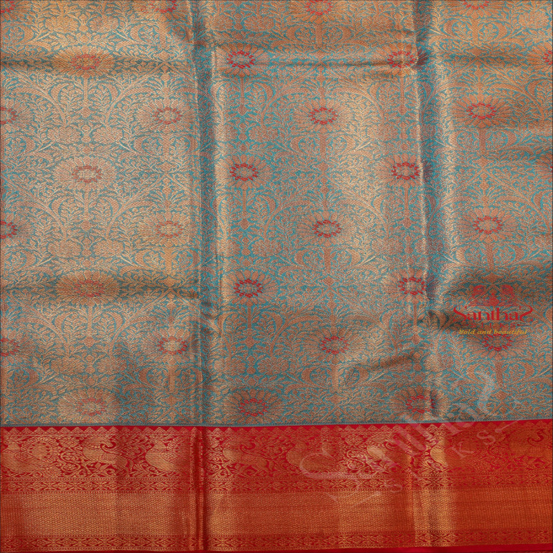 SKY BLUE COLOUR BODY WITH GOLDEN JACQUARD EMBOSED WITH CONTRAST BLOUSE & BORDER