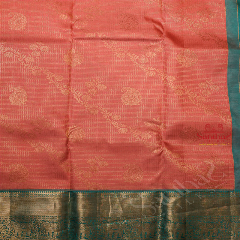 BABY PINK COLOUR CHECKED BODY WITH GOLDEN ZARI MANGO BUTTA WITH CONTRAST BLOUSE & BORDER