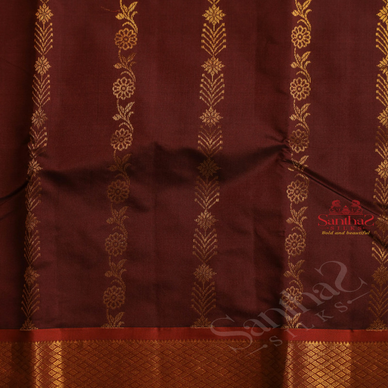 COFFEE BROWN COLOUR BODY WITH GOLDEN ZARI FLORAL BUTTA WITH CONTRAST BLOUSE & BORDER