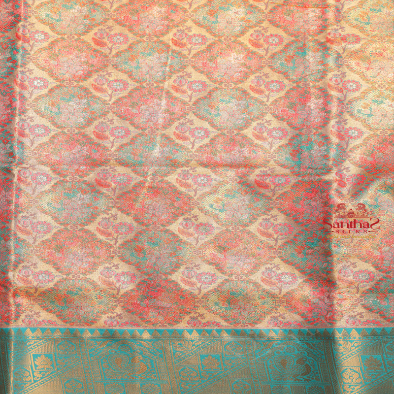 GOLDEN COLOUR BODY WITH JACQUARD EMBOSED ZARI BUTTA WITH CONTRAST BLOUSE & BORDER