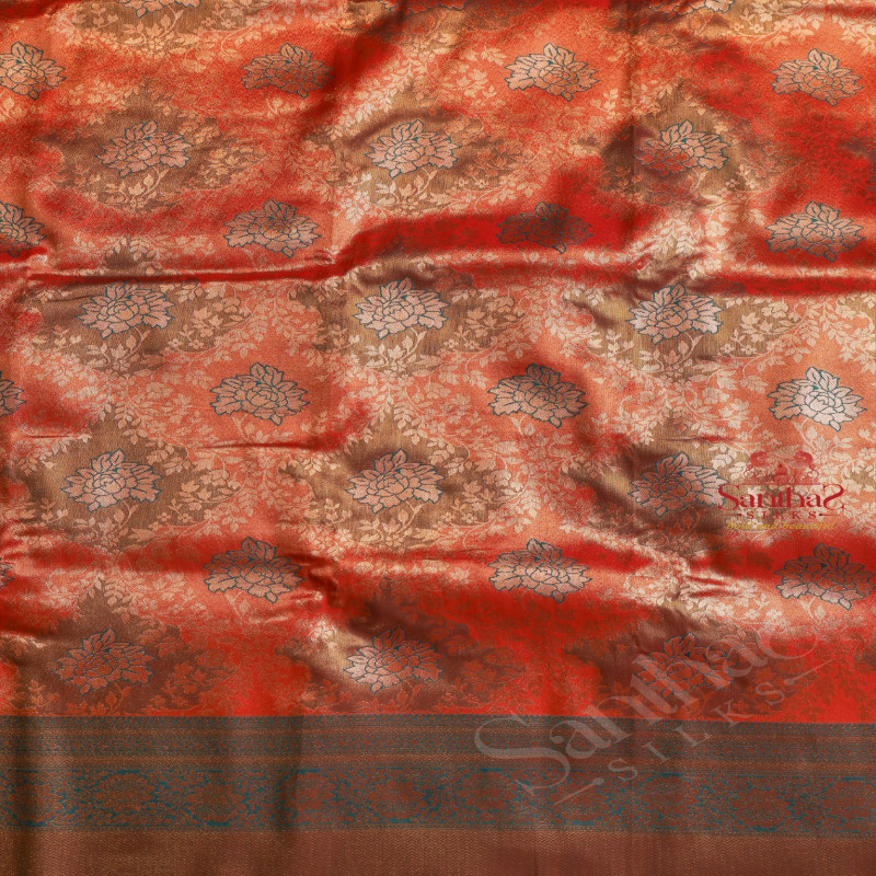 GOLDEN ORANGE COLOUR BODY WITH JACQUARD EMBOSED FLORAL PATTERN WITH CONTRAST BLOUSE & BORDER