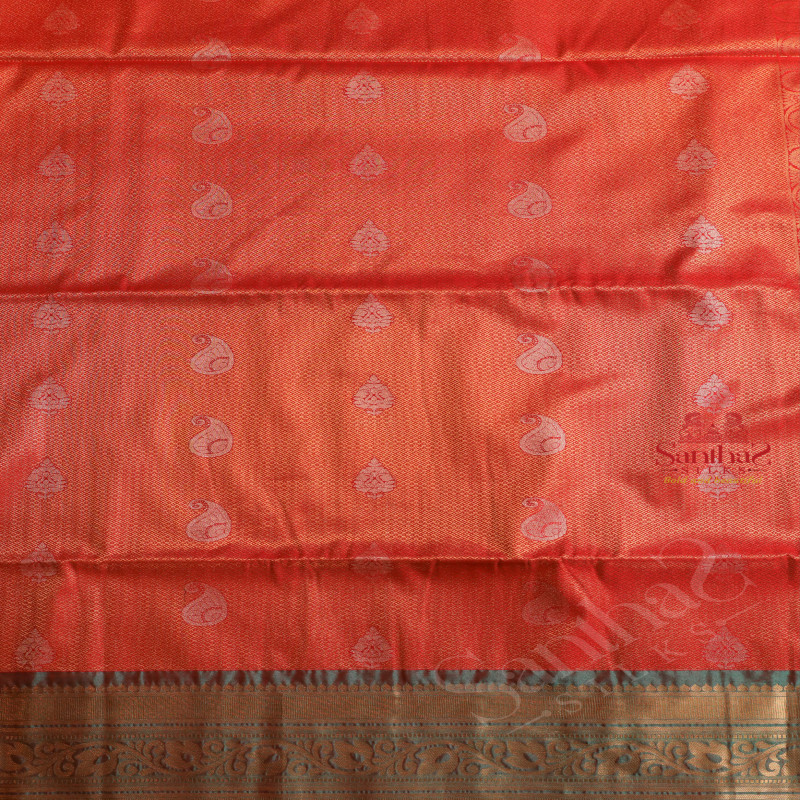 ORANGE COLOUR BODY WITH EMBOSED MANGO ZARI BUTTA WITH CONTRAST BLOUSE & BORDER