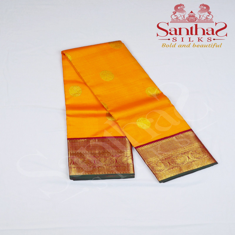 Mango Yellow Pure Silk Saree with Red and Green Border