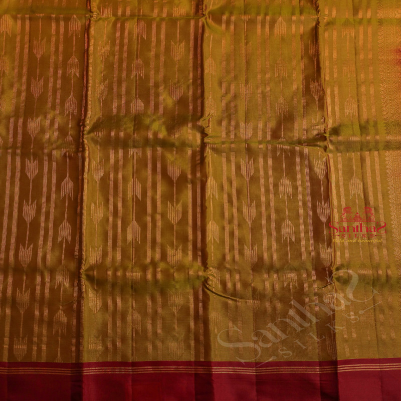 OLIVE GREEN COLOUR BODY WITH GOLDEN ZARI STRIPS WITH CONTRAST BLOUSE & BORDER