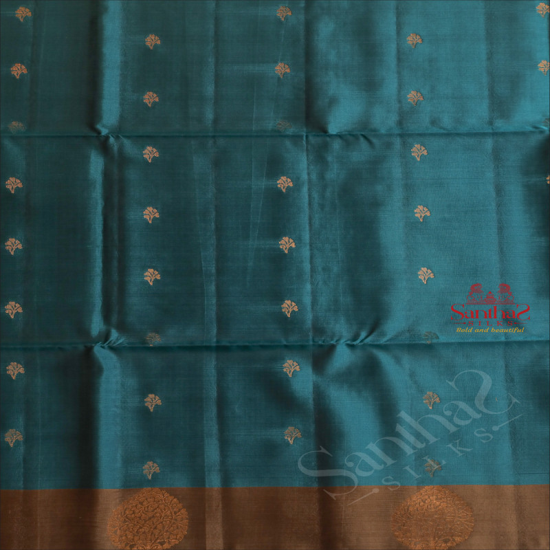 BLUE COLOUR BODY WITH GOLDEN ZARI BUTTA WITH CONTRAST BLOUSE & BORDER
