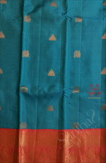 CYAN BLUE COLOUR BOFY WITH GOLDEN ZARI ANNAM AND TEMPLE BUTTA WITH CONTRAST BLOUSE & BORDER