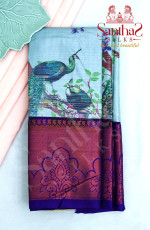 GREYISH BLUE BODY IN DIGITAL PRINT WITH CONTRAST BLOUSE & BORDER