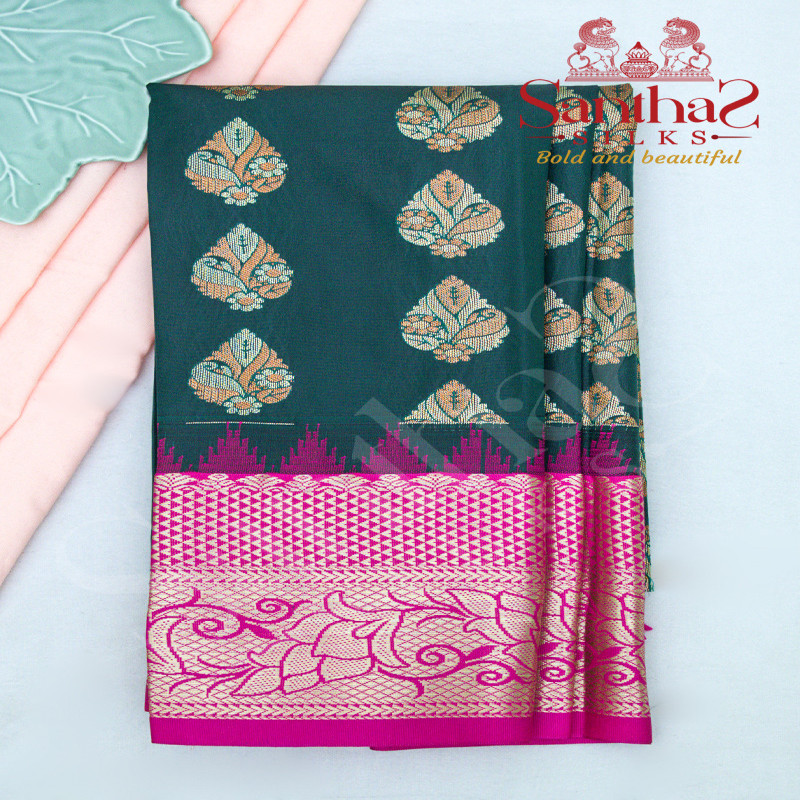 DARK GREEN COLOUR BODY IN ZARI BUTTA WITH CONTRAST BLOUSE & BORDER