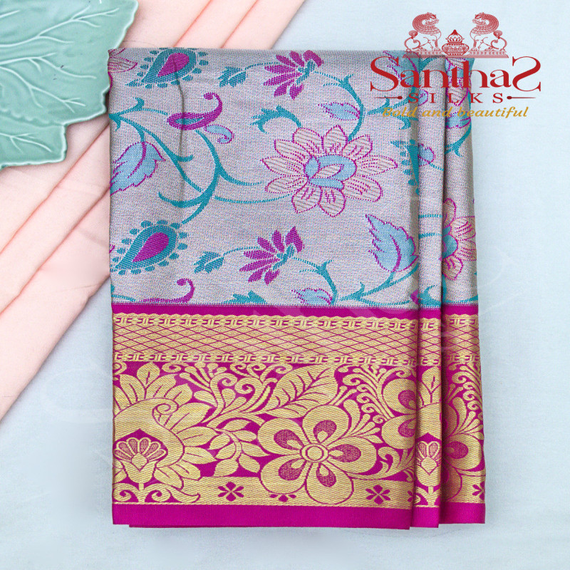 SILVER COLOUR BODY TISSUE IN FLORAL PATTERN WITH CONTRAST BLOUSE & BORDER