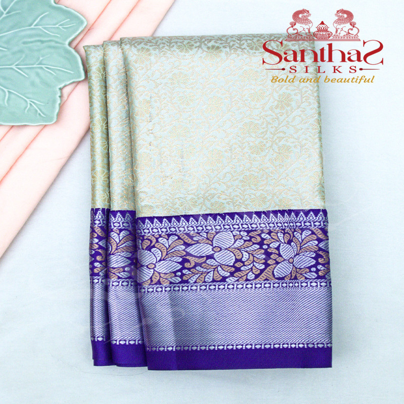 SILVER COLOUR BODY IN FLORAL PATTERN WITH CONTRAST BLOUSE & BORDER