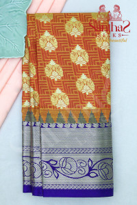 goldish-red-body-in-zari-butta-pattern-with-contrast-blouse-border
