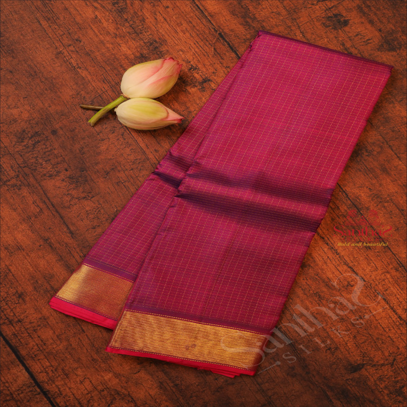 VIOLET COLOUR CHECKED BODY WITH GOLDEN ZARI BORDER & SELF BLOUSE