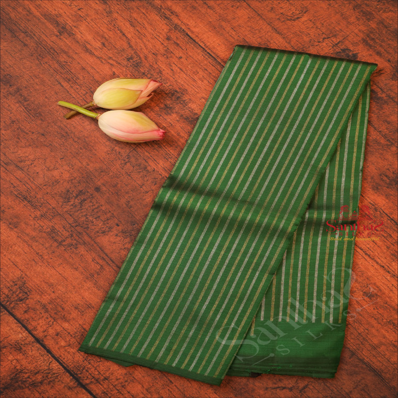 BOTTLE GREEN BODY WITH GOLDEN SILVER ZARI STRIPS WITH SELF BLOUSE