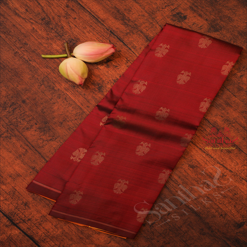 MAROON COLOUR BODY WITH GOLDEN ZARI RETTAI KILI BUTTA WITH CONTRAST BLOUSE