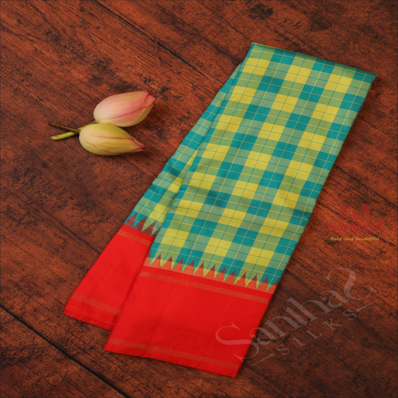 MUSTARD YELLOW & BLUE COLOUR CHECKED BODY WITH CONTRAST BLOUSE & BORDER