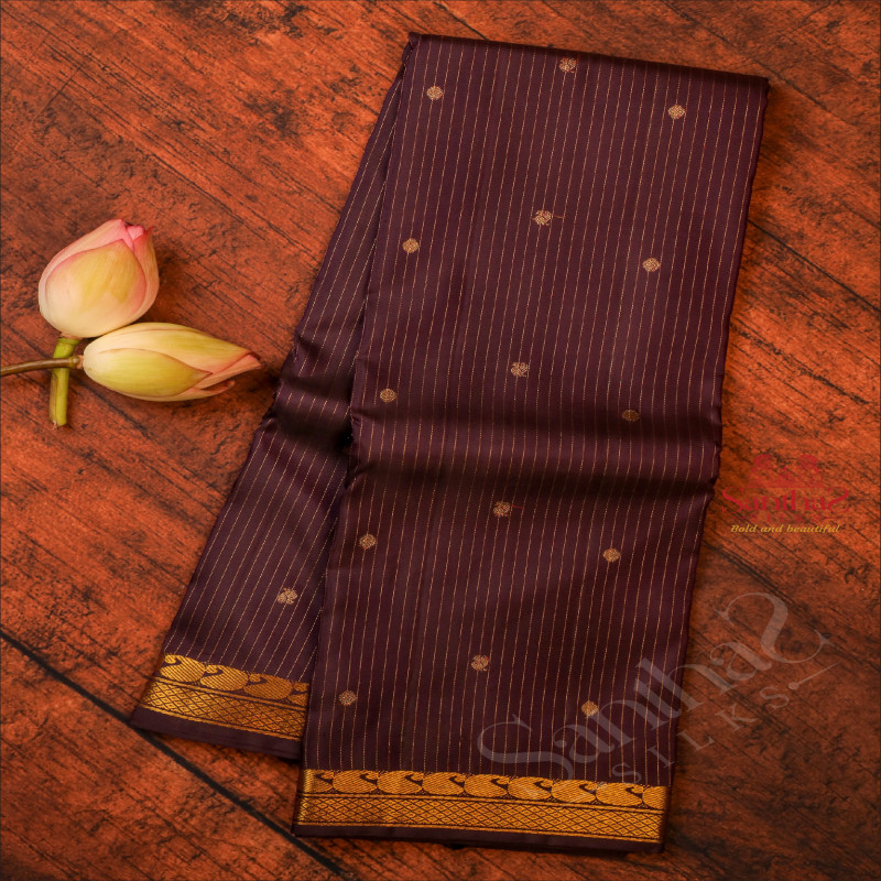 NAVY BLUE COLOUR STRIPS BODY WITH GOLDEN ZARI ANNAM CHAKKARAM BUTTA WITH SELF BLOUSE