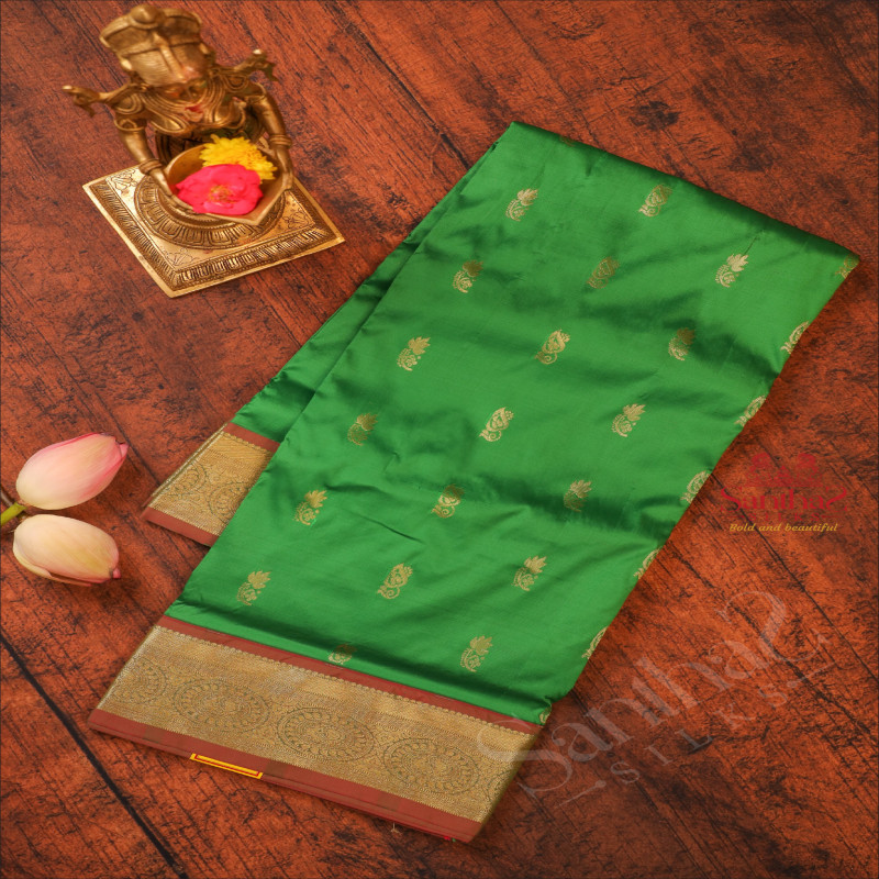 9 YARDS MADISAR MEENAKSHI GREEN COLOUR BODY WITH GOLDEN ZARI BUTTA & WITHOUT BLOUSE