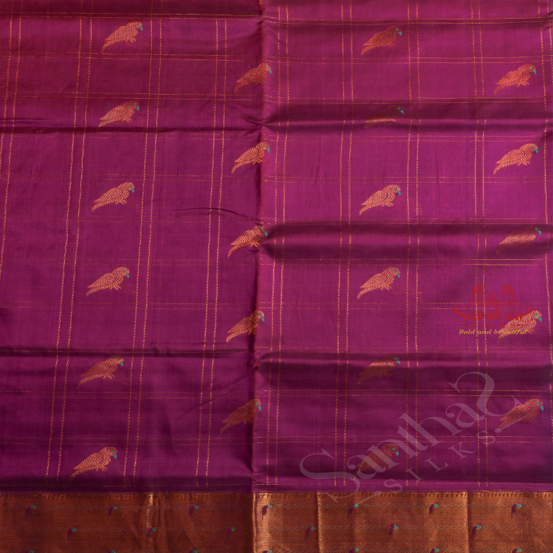 VIOLET COLOUR CHECKED BODY WITH GOLDEN ZARI PARROT BUTTA WITH CONTRAST BLOUSE & BORDER