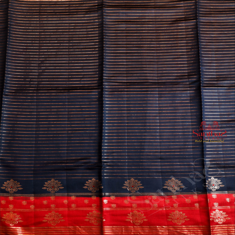  CHINIYA SAREE IN SPACE BLUE COLOUR WITH STRIPS DESIGN BODY & BUTTA AND CONTRAST COLOUR PALLU & BLOUSE