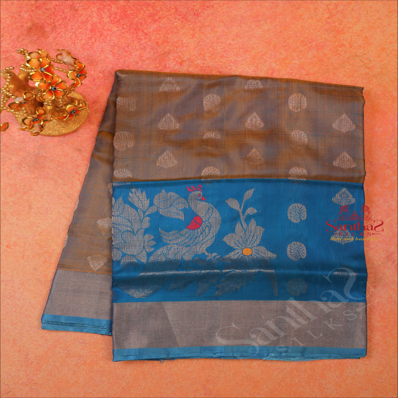 BLUE COLOUR BODY WITH SILVER ZARI BUTTA WITH SELF BLOUSE