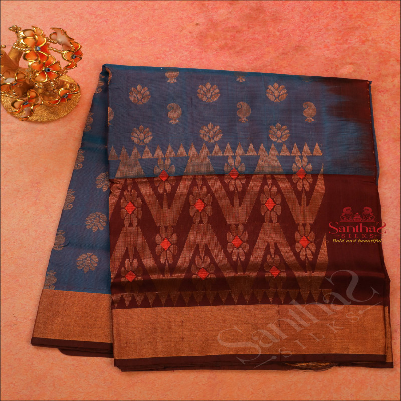 BLUE COLOUR BODY WITH GOLDEN ZARI MANGO FLORAL BUTTA WITH CONTRAST BLOUSE & BORDER