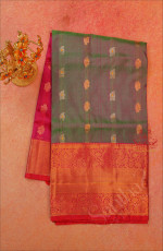 GREEN AND VIOLET SHADE BODY WITH GOLDEN ZARI LEAF BUTTA WITH CONTRAST BLOUSE & BORDER