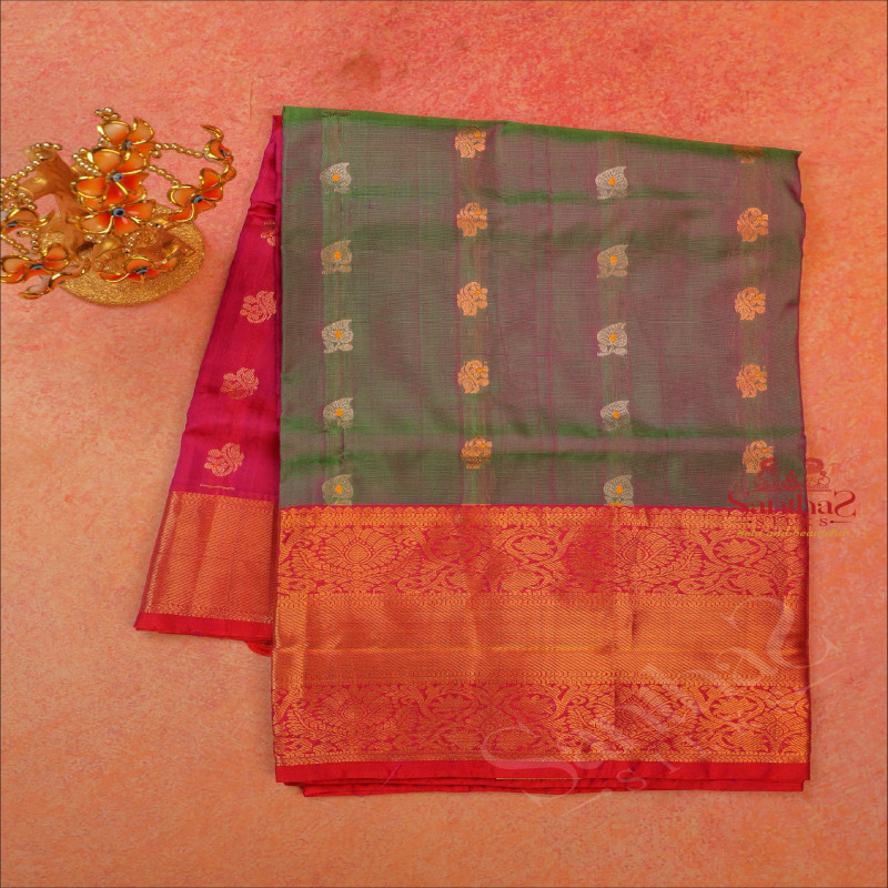 GREEN AND VIOLET SHADE BODY WITH GOLDEN ZARI LEAF BUTTA WITH CONTRAST BLOUSE & BORDER