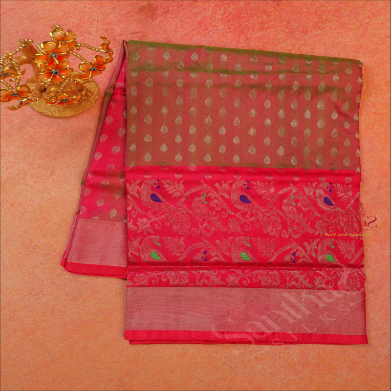 PINK COLOUR BODY WITH SILVER ZARI BUTTA WITH SELF BLOUSE