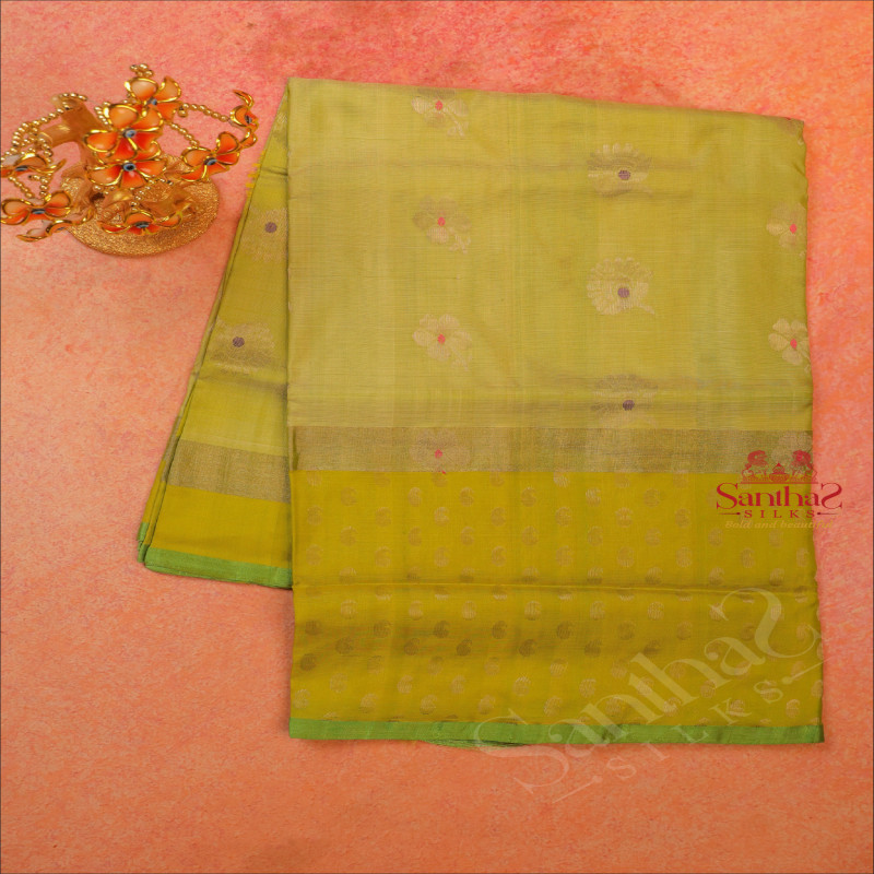 GREEN APPLE COLOUR BODY WITH SILVER ZARI FLORAL BUTTA WITH SELF BLOUSE