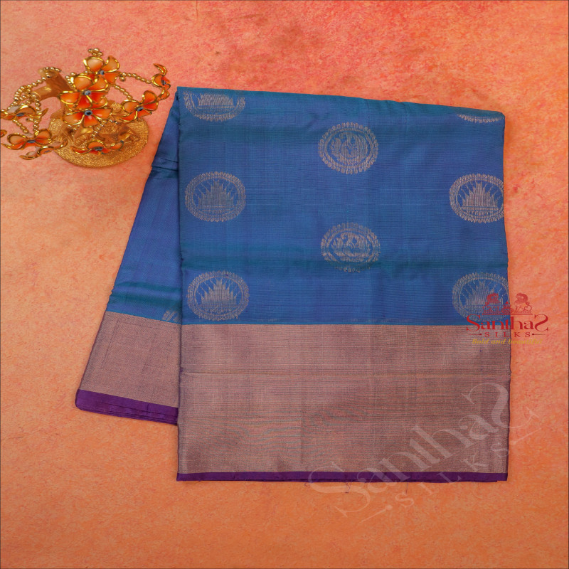 BLUE COLOUR BODY WITH GOLDEN ZARI FLORAL BUTTA WITH CONTRAST BLOUSE & BORDER