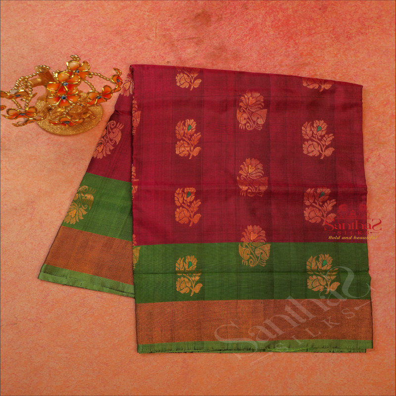 MAROON COLOUR BODY WITH GOLDEN ZARI FLORAL BUTTA WITH CONTRAST BLOUSE & BORDER