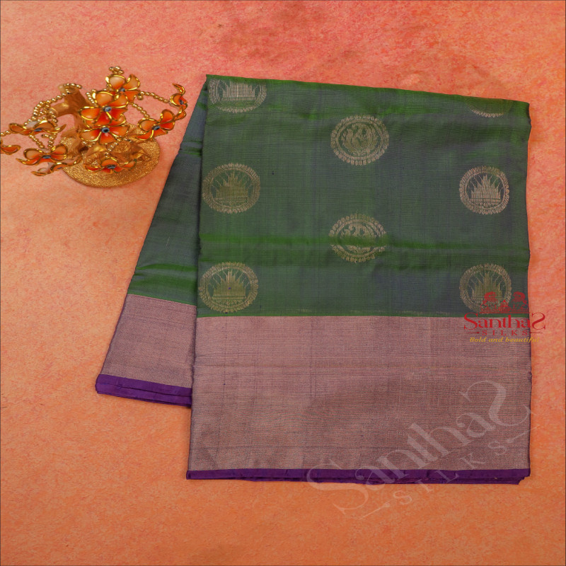 GREEN COLOUR BODY WITH SILVER ZARI BIG BUTTA WITH CONTRAST BLOUSE & BORDER