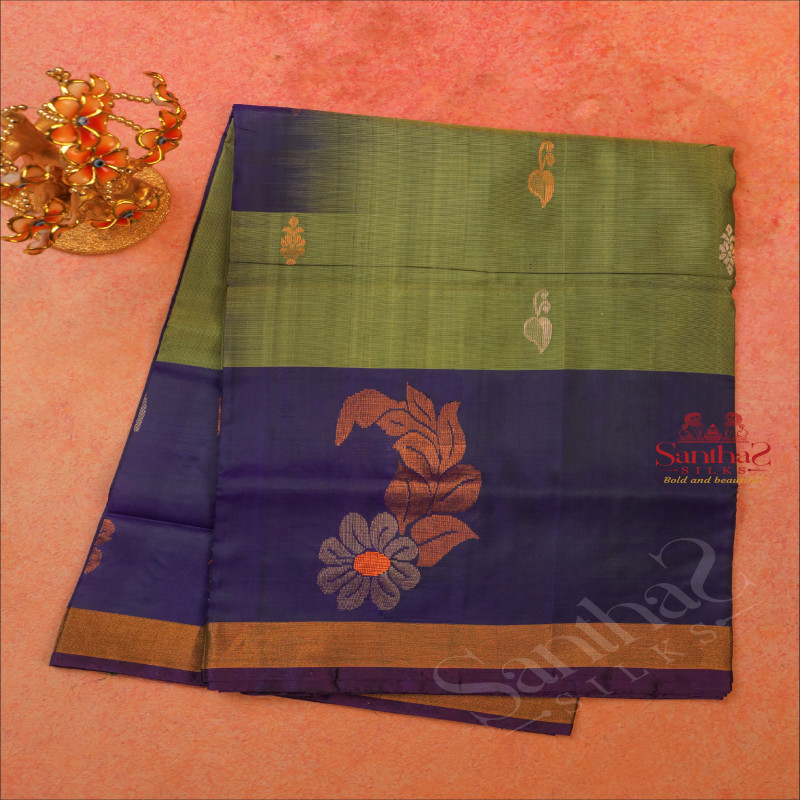 OLIVE GREEN COLOUR BODY WITH GOLDEN ZARI FLORAL BUTTA WITH CONTRAST BLOUSE & BORDER