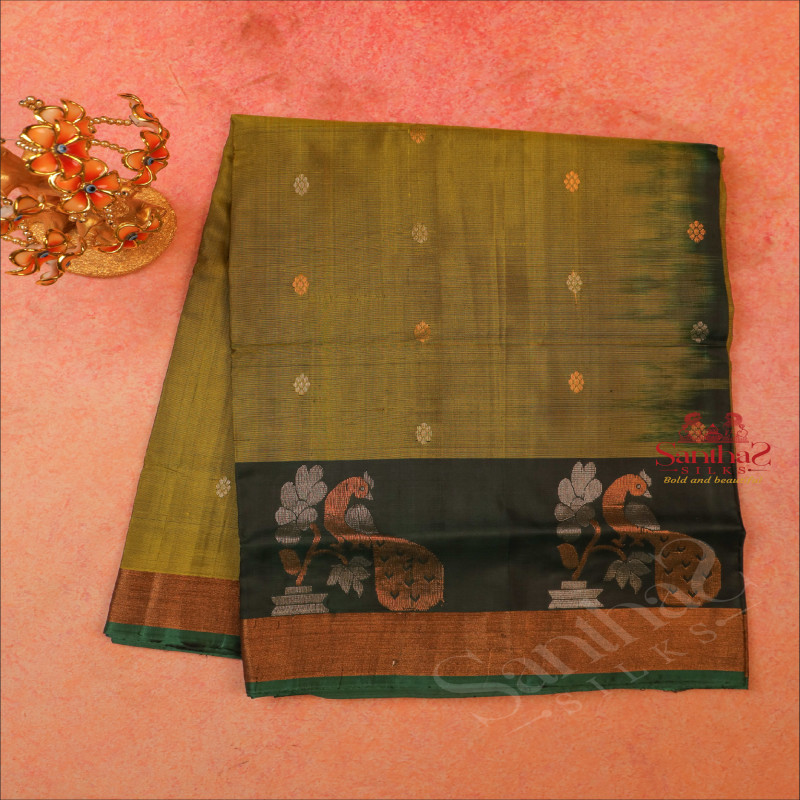 GREEN COLOUR BODY WITH GOLDEN AND SILVER ZARI BORDER WITH CONTRAST BLOUSE & BORDER