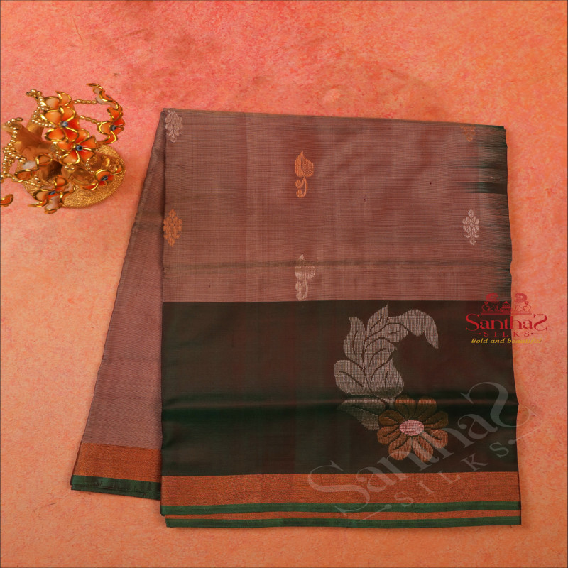 CHOCOLATE COLOUR BODY WITH GOLDEN AND SILVER ZARI FOLRAL BUTTA WITH CONTRAST BLOUSE & BORDER