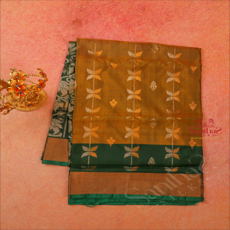 MUSTARD YELLOW COLOUR BODY WITH GOLDEN AND COPPER ZARI BUTTA WITH CONTRAST BLOUSE & BORDER