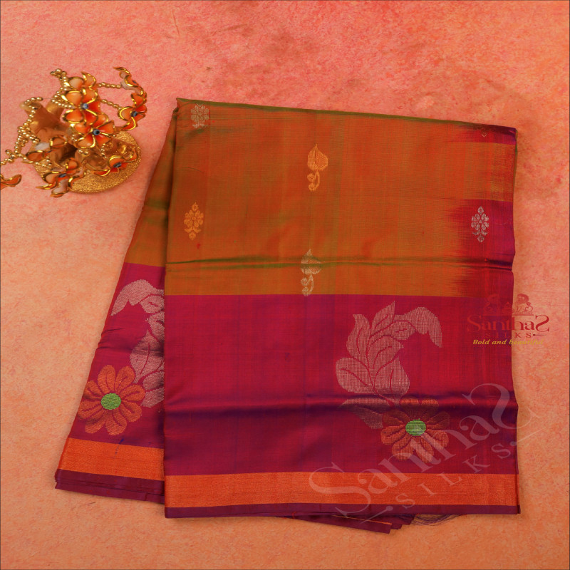 DUAL SHADE GREEN COLOUR BODY WITH GOLDEN & SILVER ZARI BUTTA WITH CONTRAST BLOUSE & BORDER