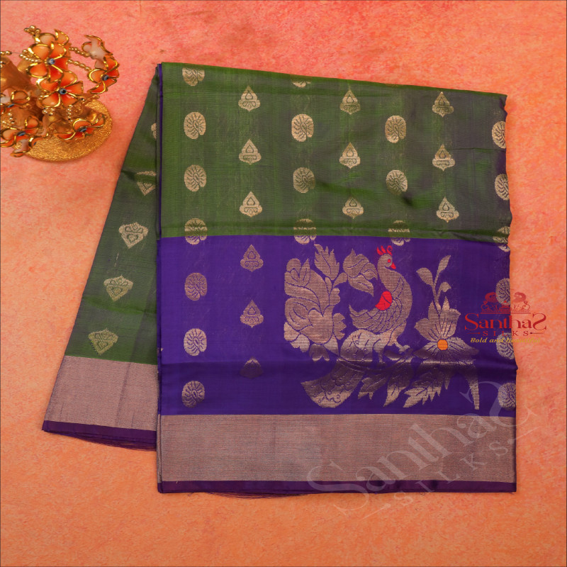 DUAL SHADE GREEN COLOUR BODY WITH SILVER ZARI BUTTA WITH CONTRAST BLOUSE & BORDER